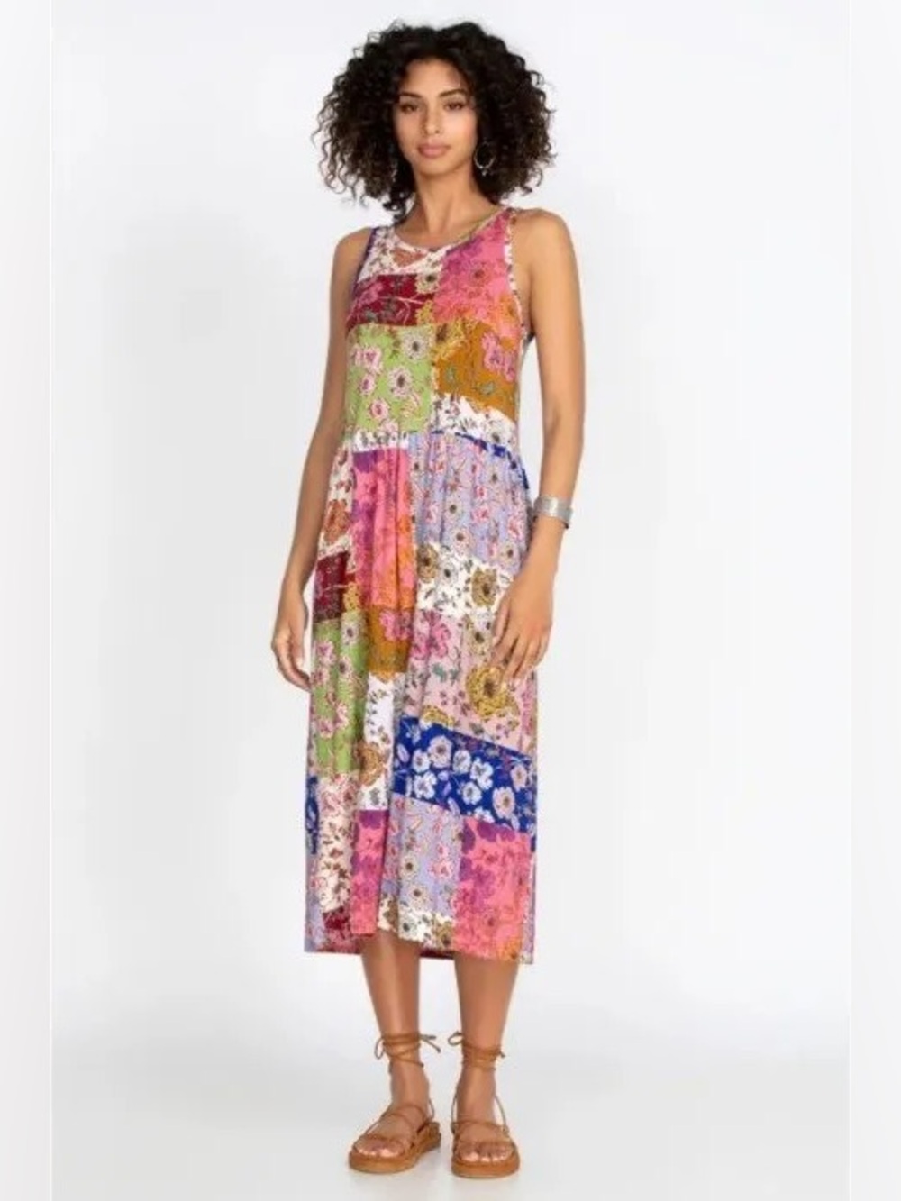 Johnny Was Cosmo Easy Fit Patchwork Floral Tea Length Midi Dress XS